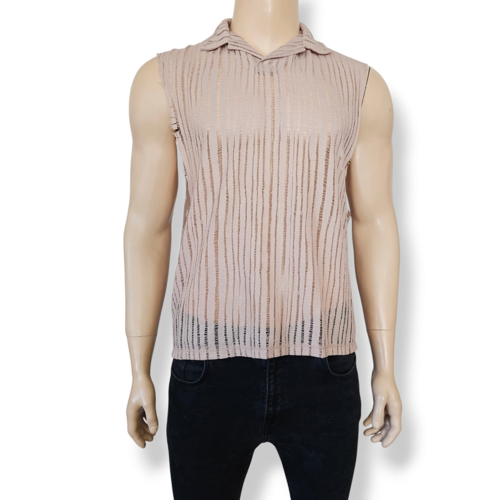 Asos Sheer Beige Men's Collared Cutoff Shirt